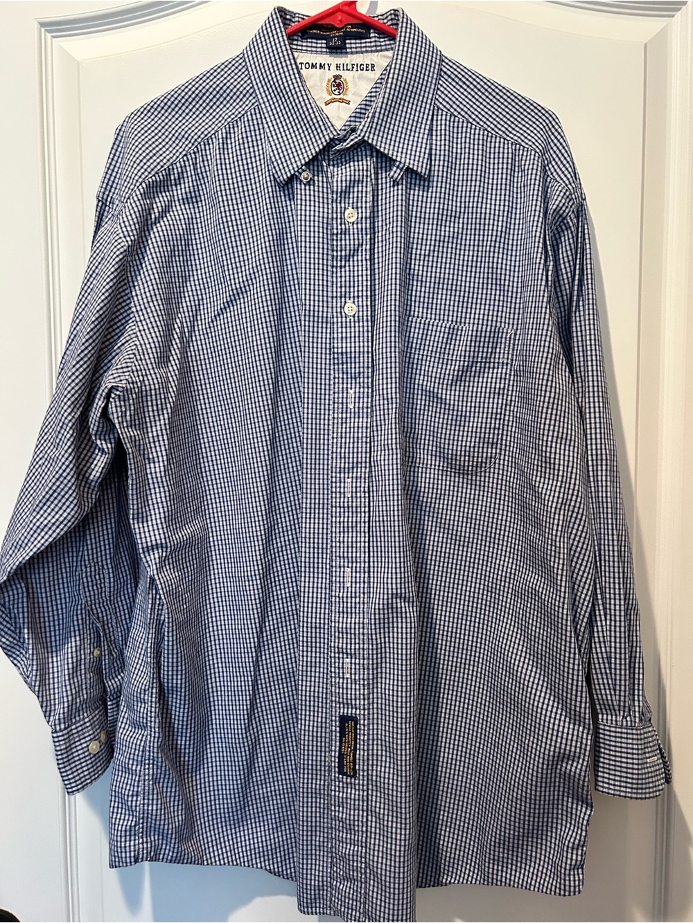 Tommy Hilfiger Men's Blue and White Checkered Button-Down Shirt Sz 17